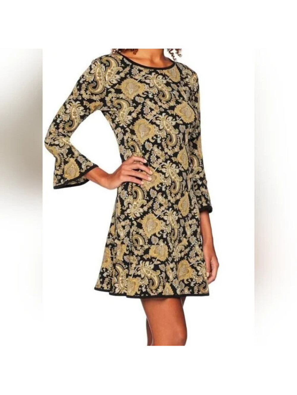 Michael Kors Size L Black Gold Paisley Knit Dress 3/4 Belled Sleeve